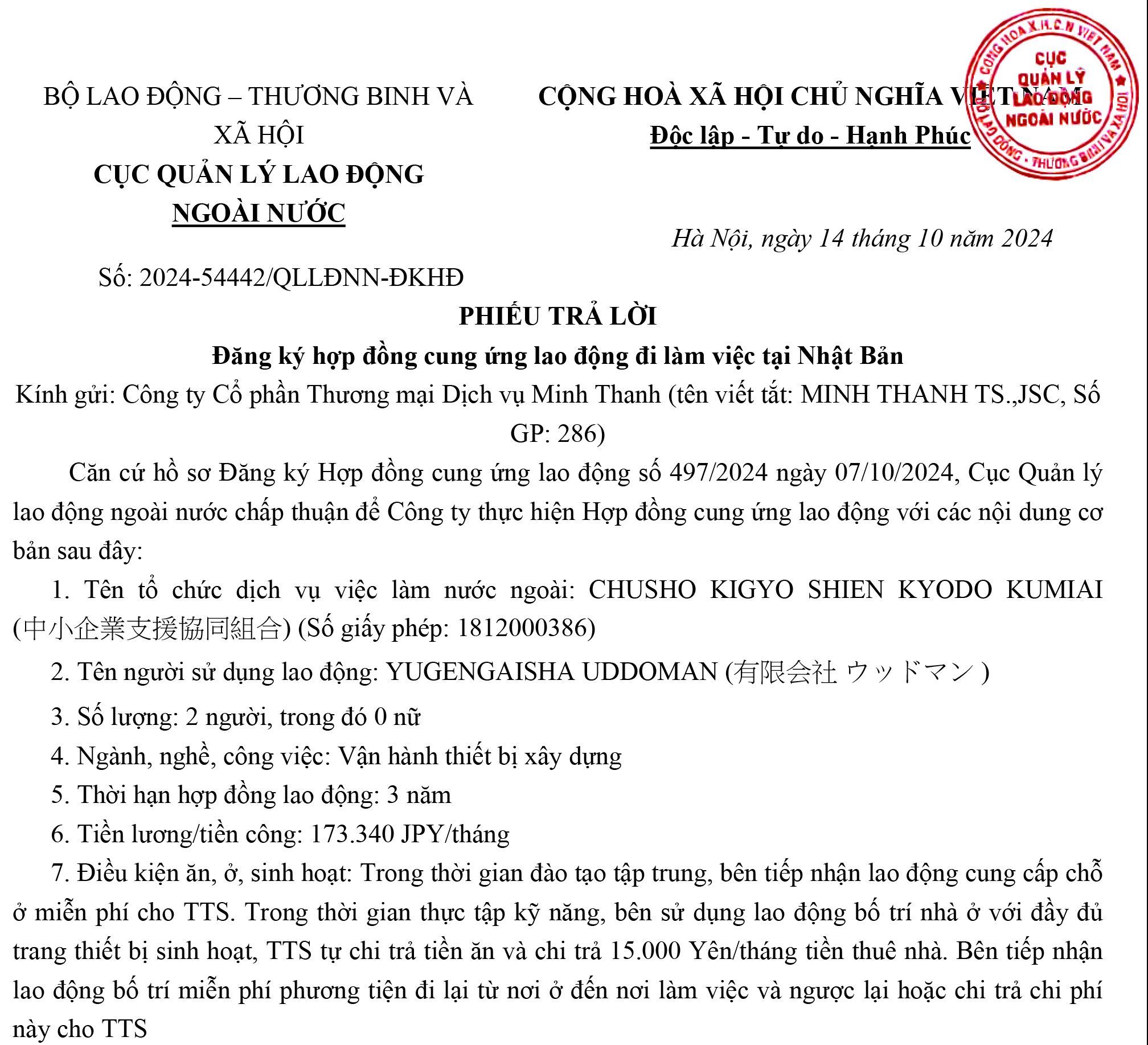 Hợp đồng cung ứng lao động đi làm việc tại Nhật Bản – MT4105